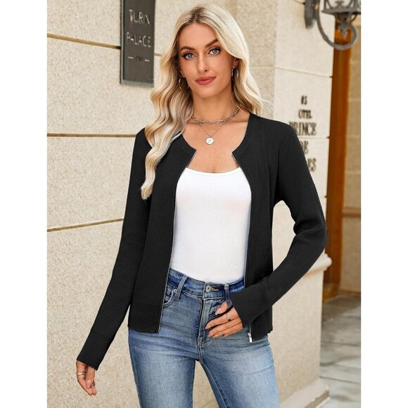 Totatuit Womens Black Long Sleeves Cardigans Knitted Lightweight Zipper Sweater - Picture 3 of 7